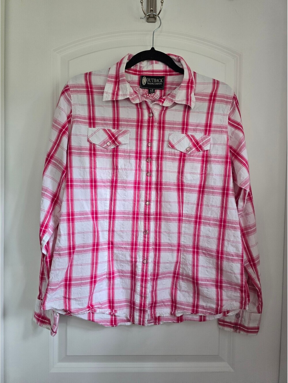 Womens Outback Pink & White Plaid Button-Up Shirt Embroidered & Rhinestones Sz M